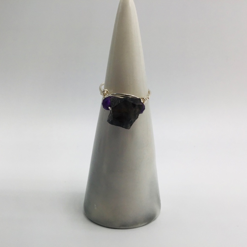 New Ring Raw Smoky Quartz Faceted Amethyst Silver Boho Wire Wrapped Si…